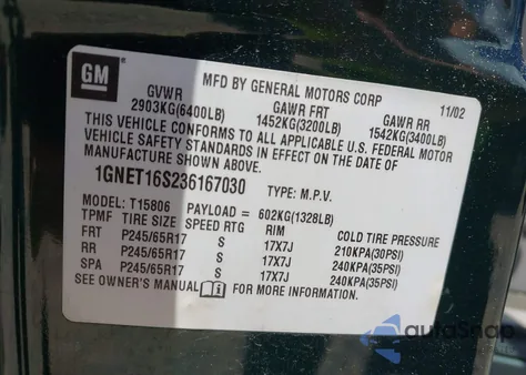 2003 Chevrolet Trailblazer Ext Lt from USA, damaged, VIN 1GNET16S236167030